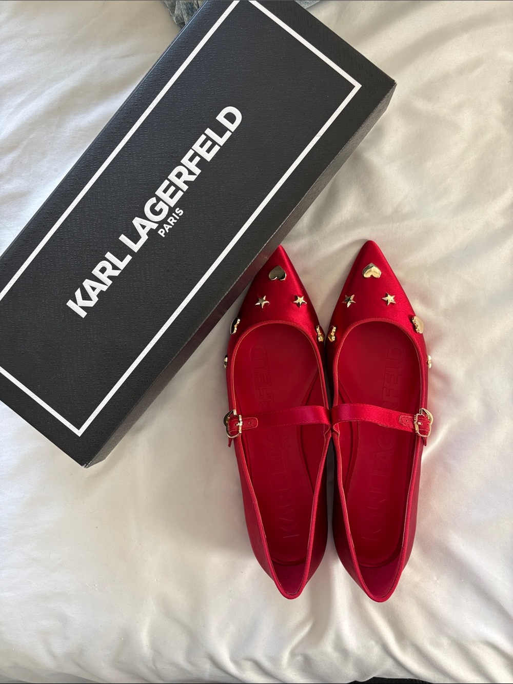 Karl Lagerfeld Satin Classic Red Mary Jane Flats - Box Included